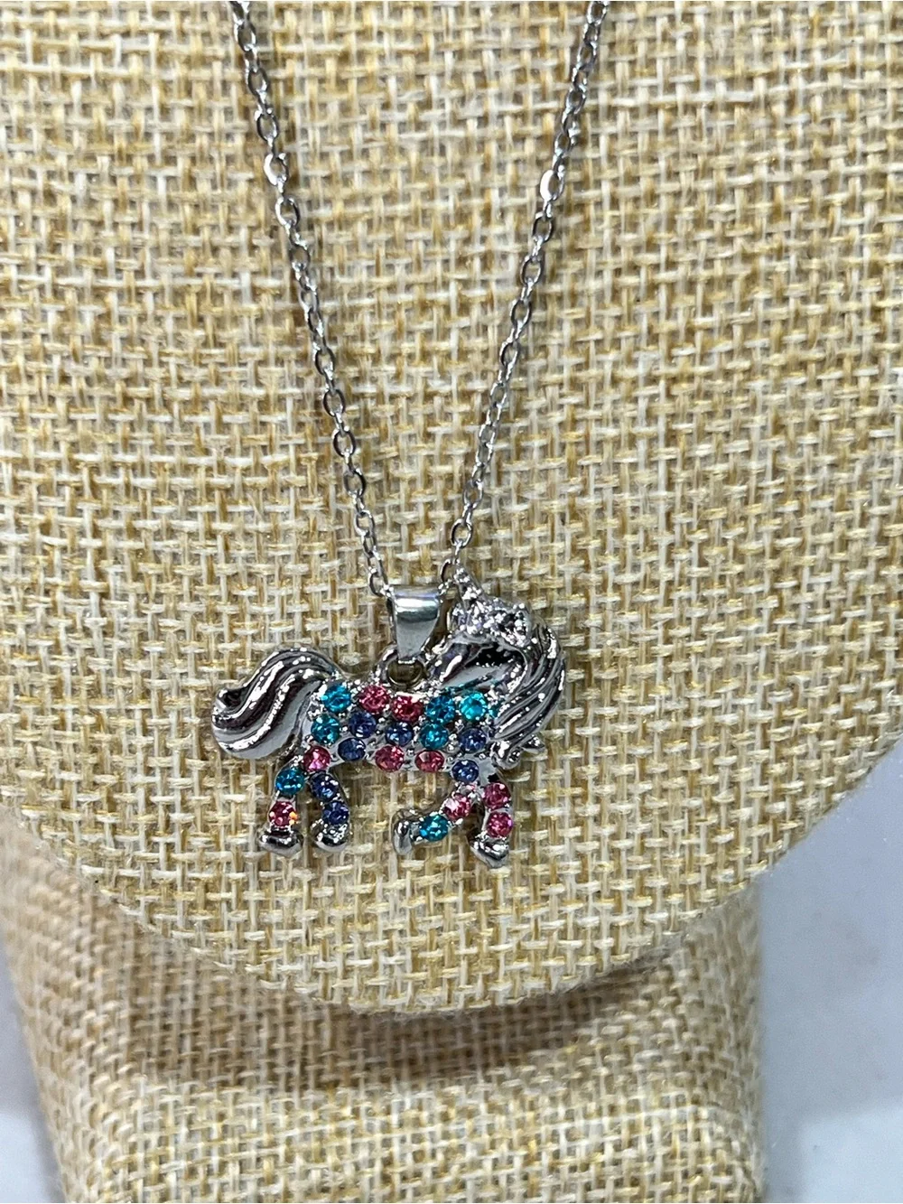 Silver Unicorn Pendant Necklace with Multicolor Crystal Accents